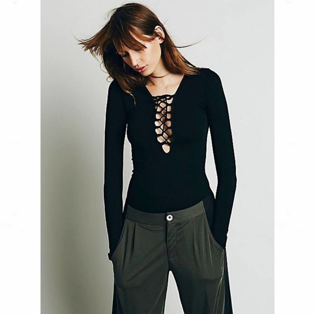 Free People Black Lucky Lace-Up Sweater Top - Picture 5 of 14